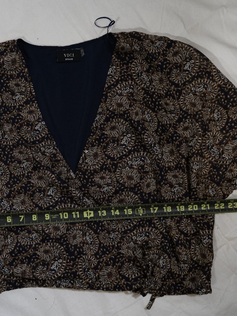VICI Med Navy Brown Paisley Wrap Blouse Boho Chic Romantic Balloon Sleeve Top - Picture 6 of 7